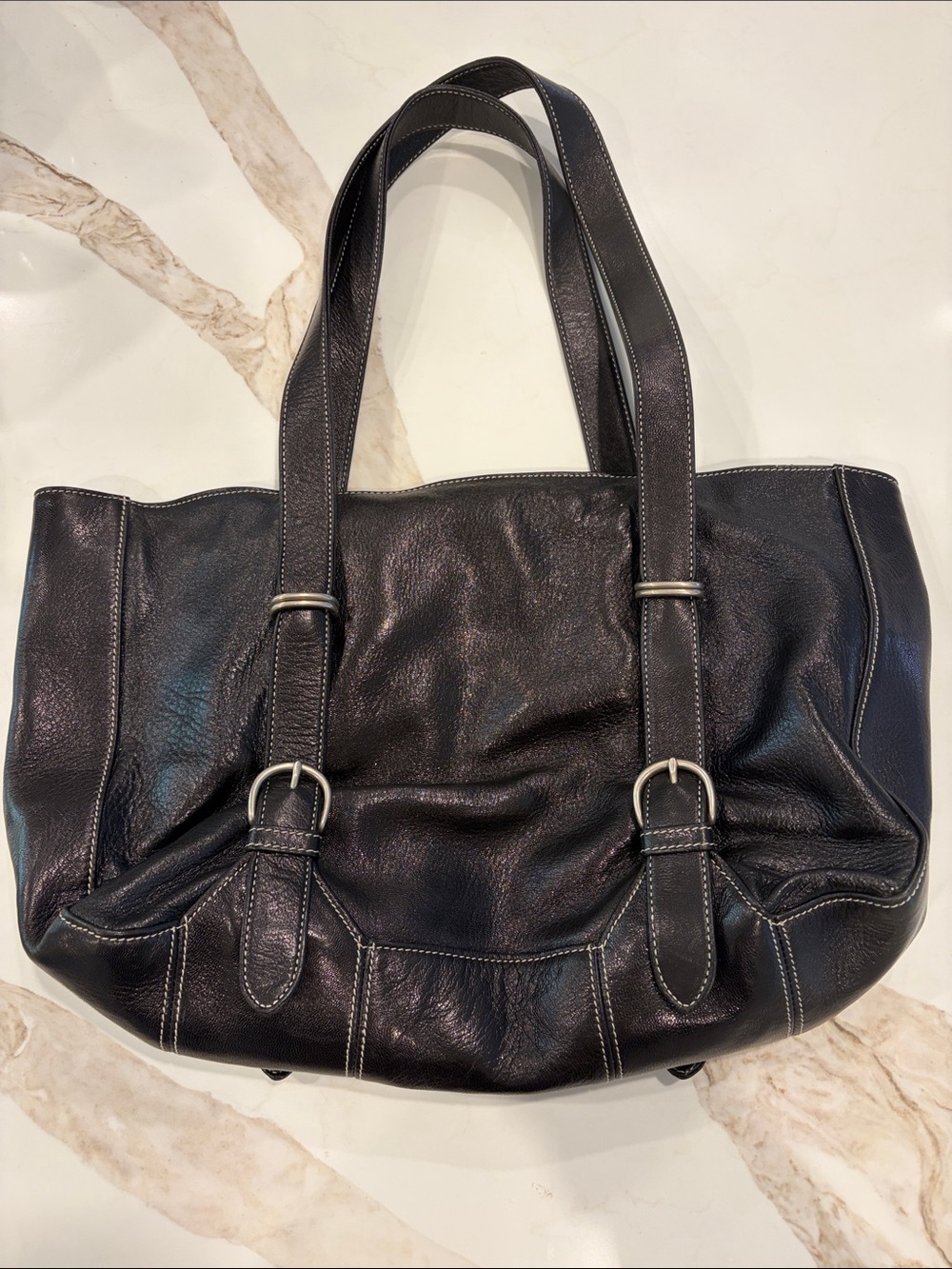 Christopher Kon Black Leather Women’s Shoulder Bag with white top stitching